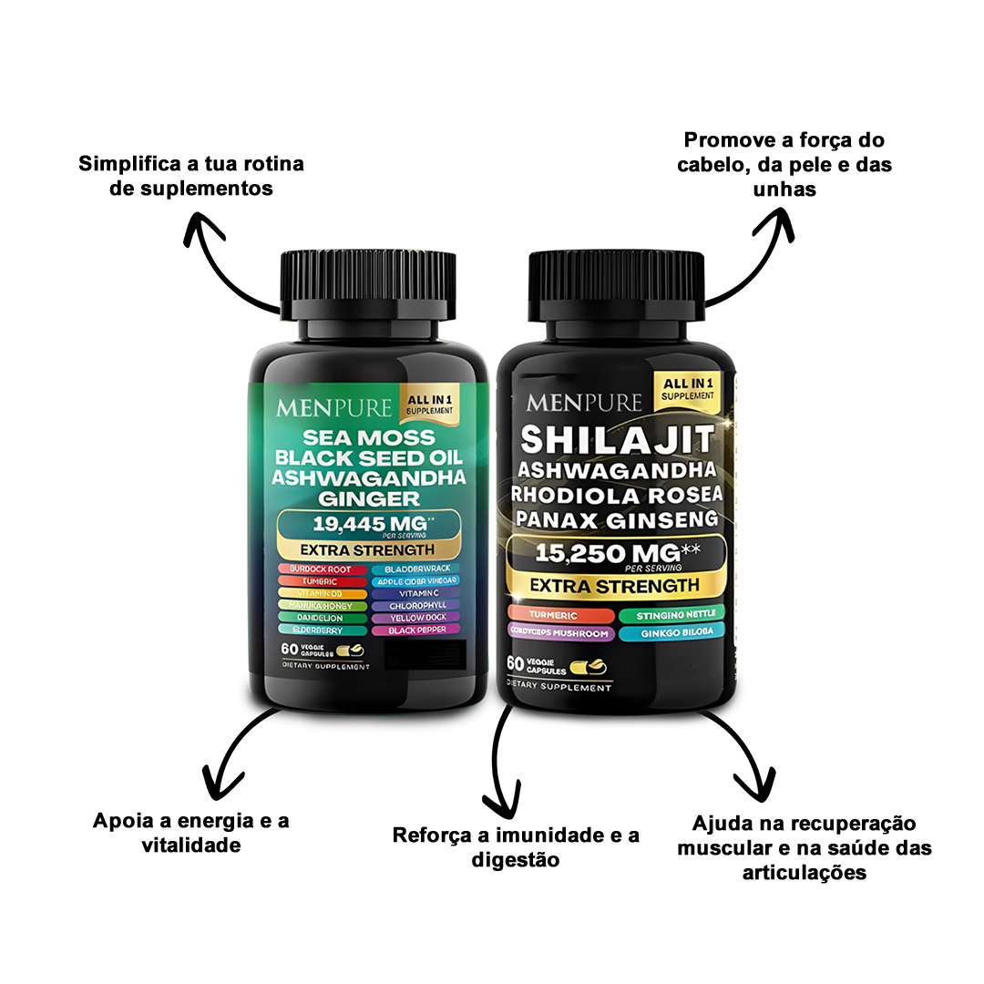 Conheça o Kit de Cápsulas de Musgo Marinho e Shilajit da Menpure, a sua fórmula completa para o bem-estar diário.